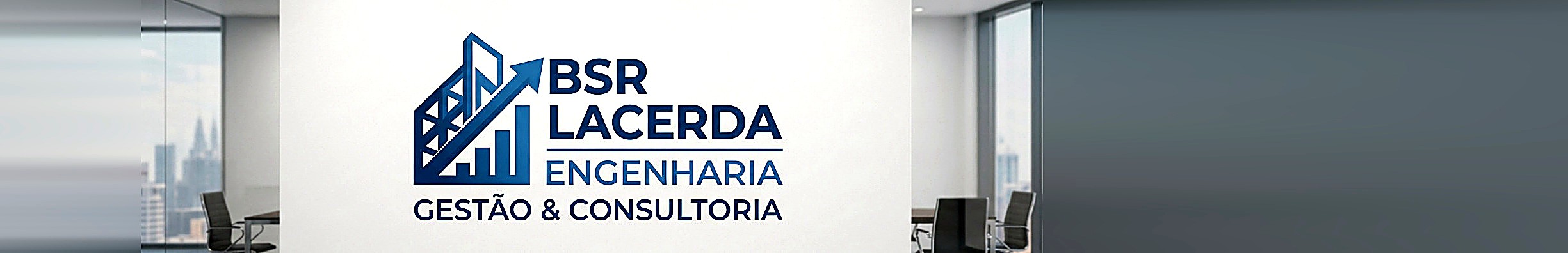 Logo BSR Lacerda Engenharia aplicada em parede de vidro do escritório